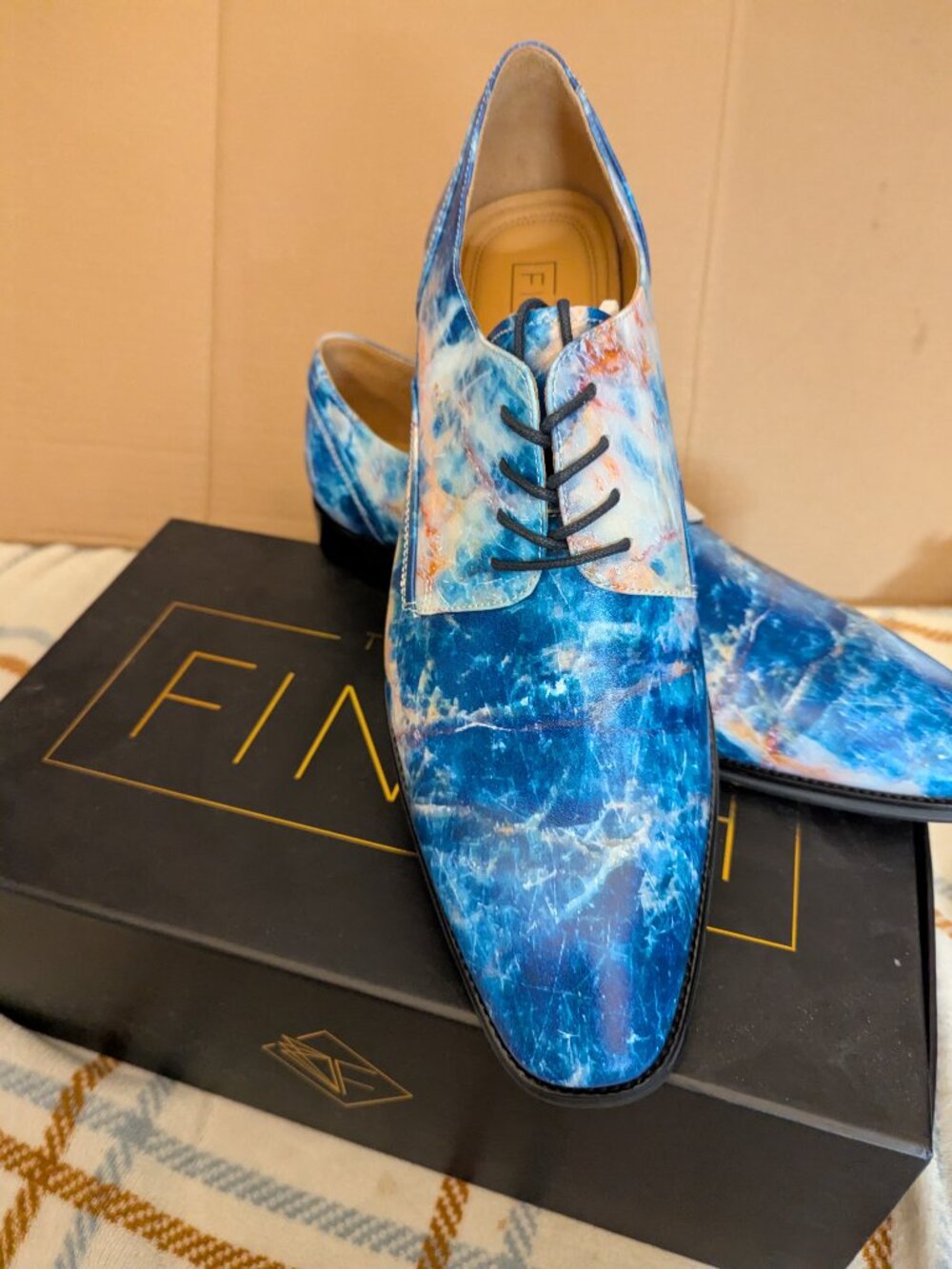 Thatcher Finch Men's Blue Marbled Leather Derby Dress Shoes Size 10